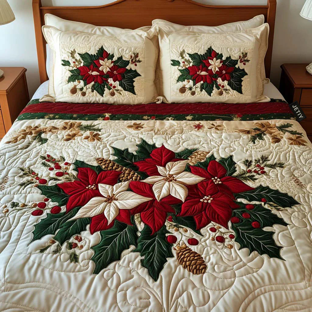 3-Piece Quilted Bedding Set - Poinsettia Delight