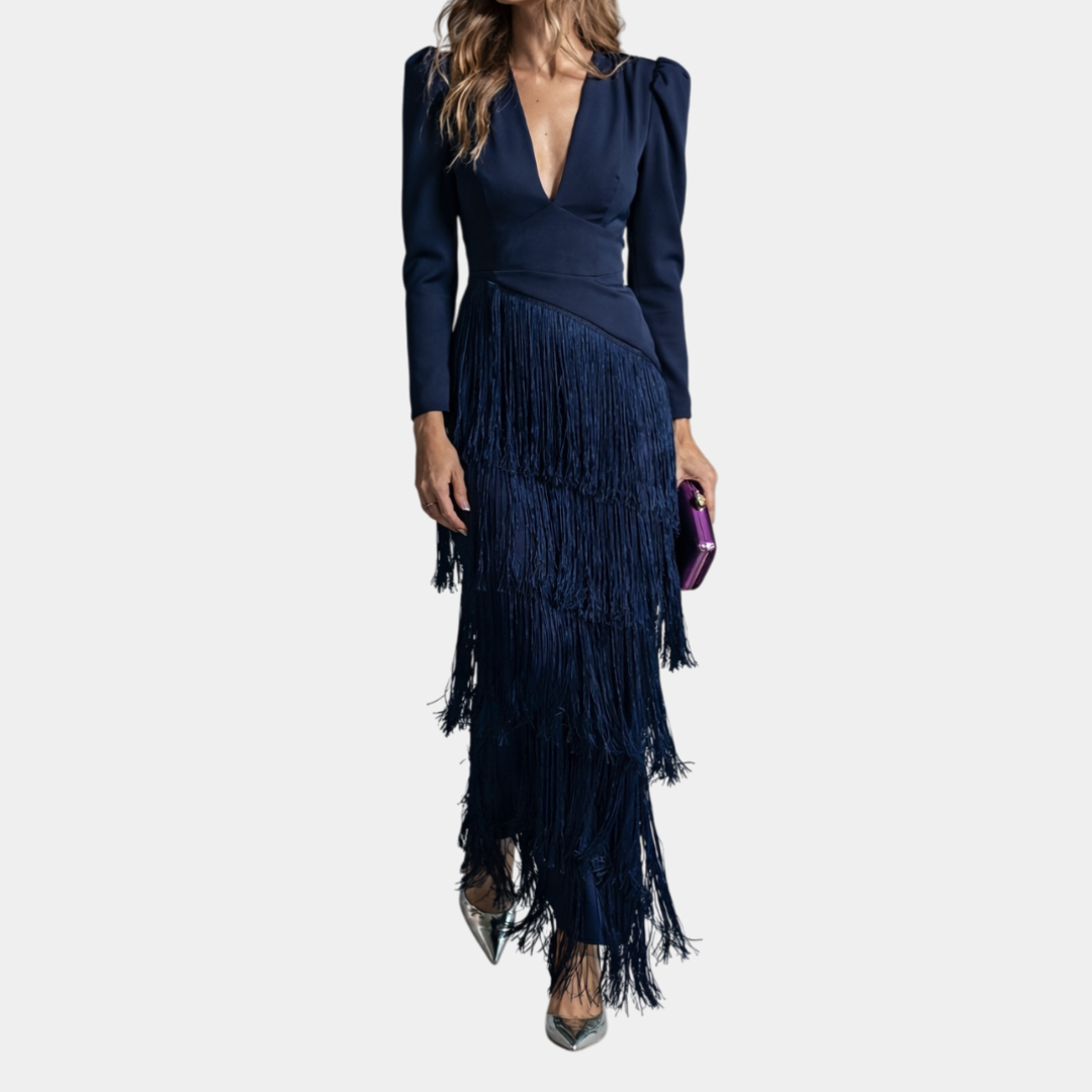 Iris | Elegant Midi Dress with Fringe Sleeves