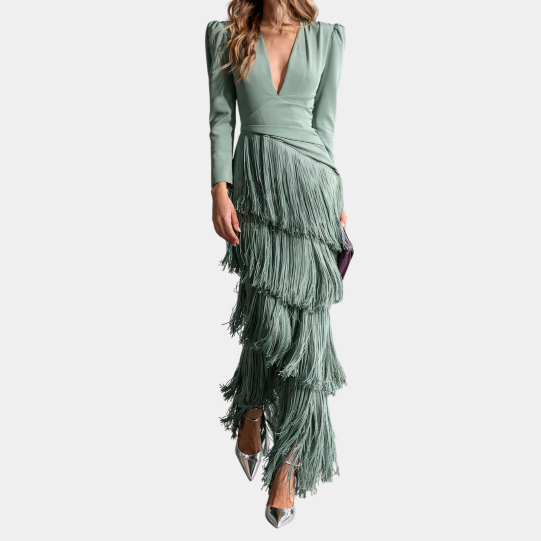 Iris | Elegant Midi Dress with Fringe Sleeves