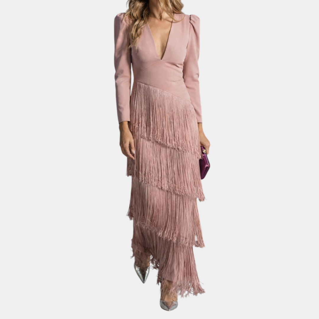 Iris | Elegant Midi Dress with Fringe Sleeves