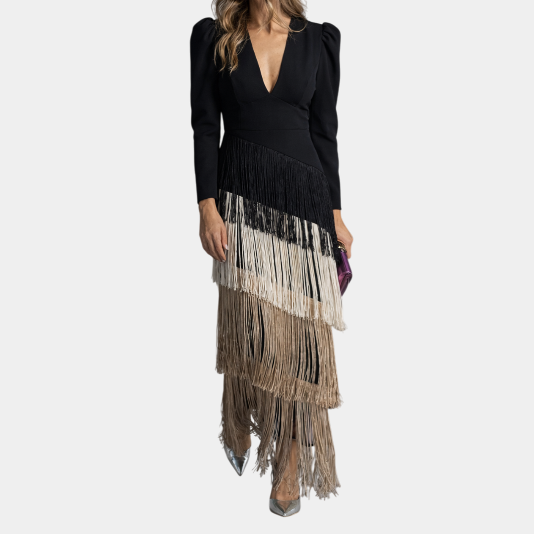 Iris | Elegant Midi Dress with Fringe Sleeves