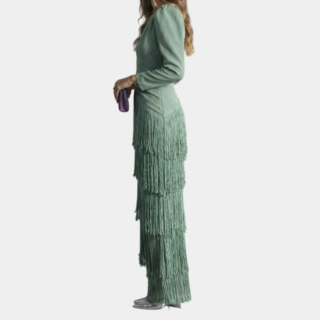 Iris | Elegant Midi Dress with Fringe Sleeves