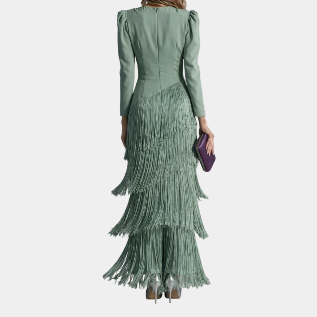 Iris | Elegant Midi Dress with Fringe Sleeves