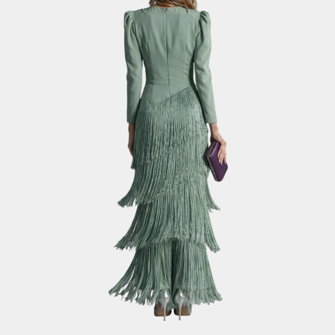 Iris | Elegant Midi Dress with Fringe Sleeves