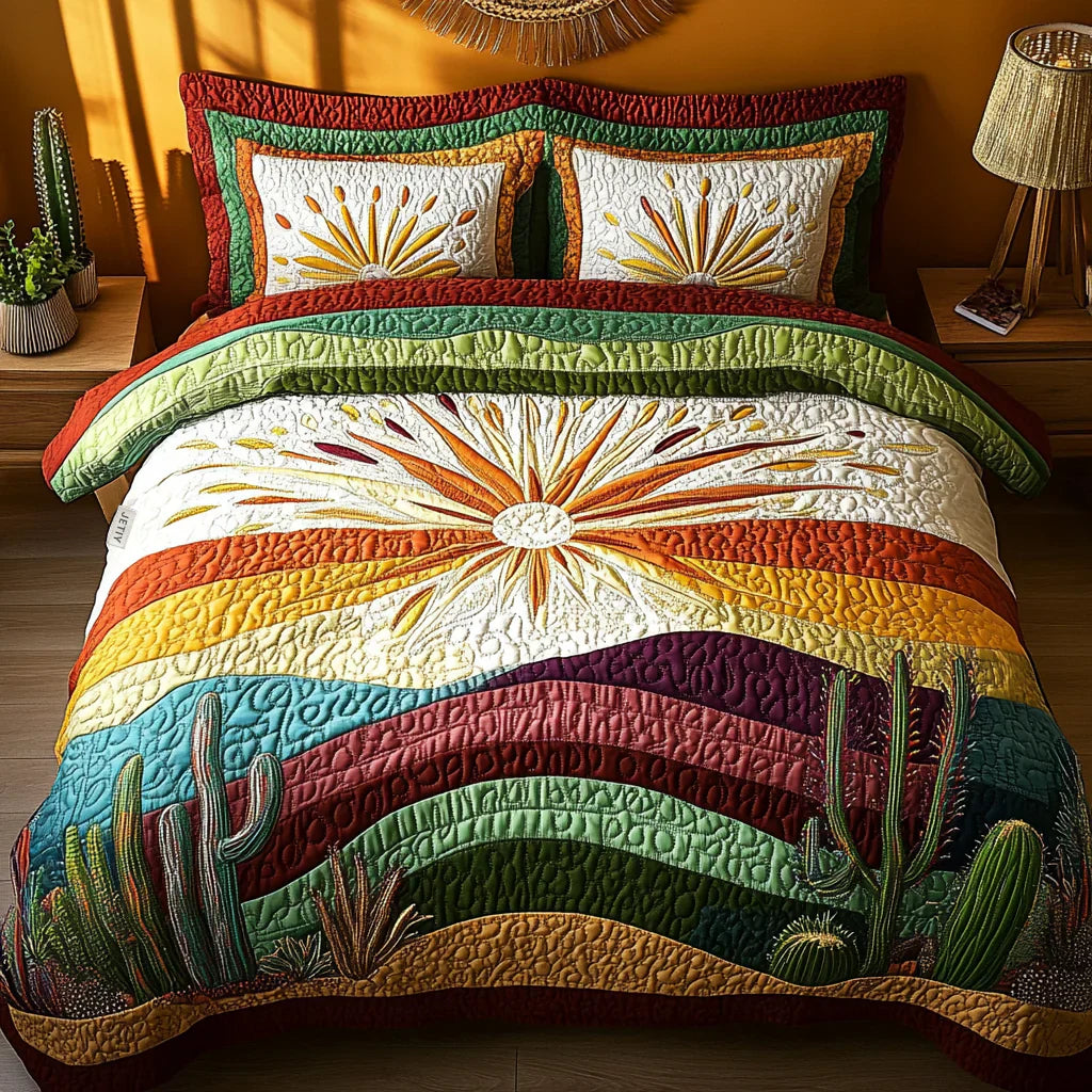 Sunset Among Cacti 3-Piece Quilted Bedding Set