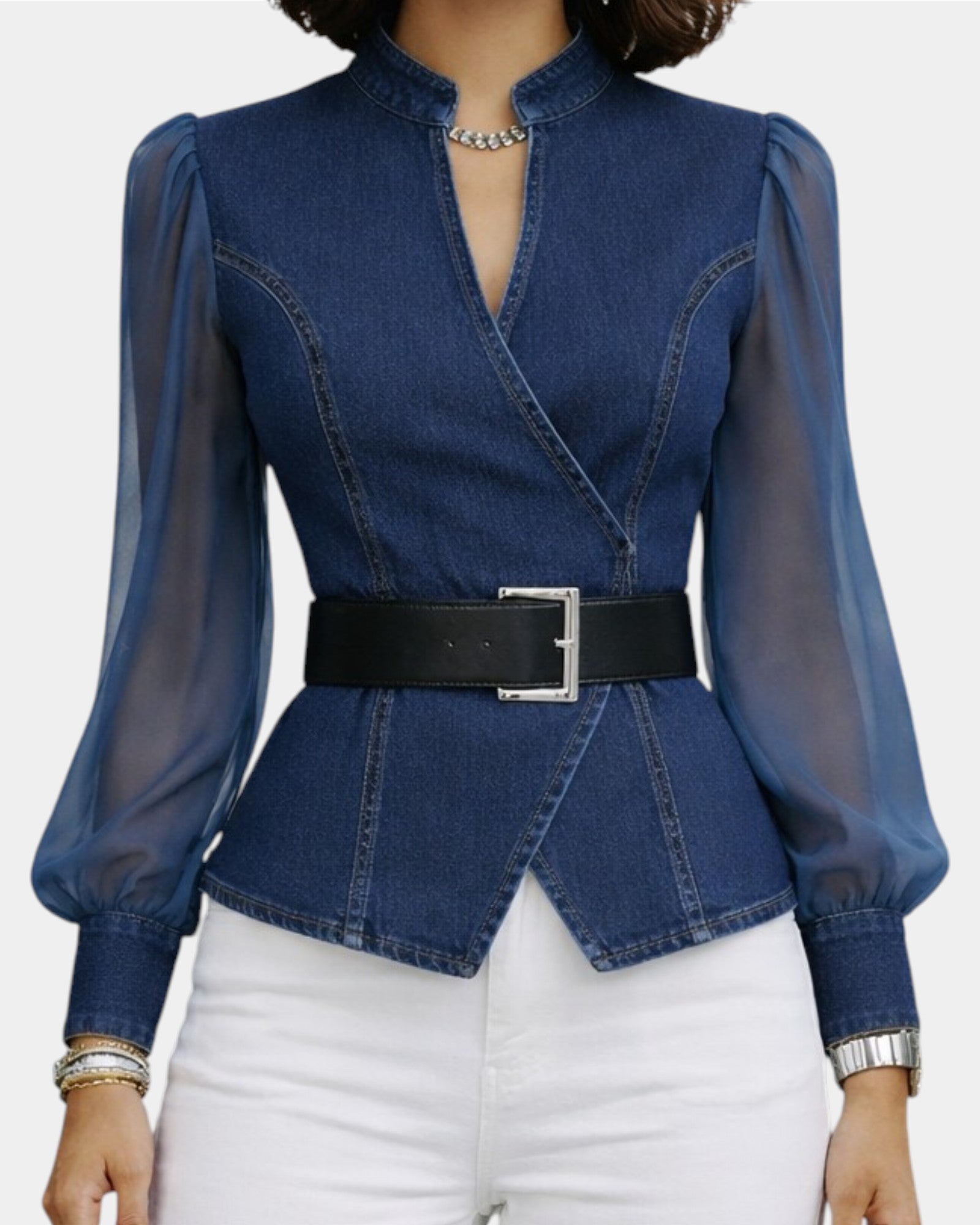 Zoe | Denim Top with Lightweight Chiffon Sleeves