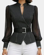 Zoe | Denim Top with Lightweight Chiffon Sleeves
