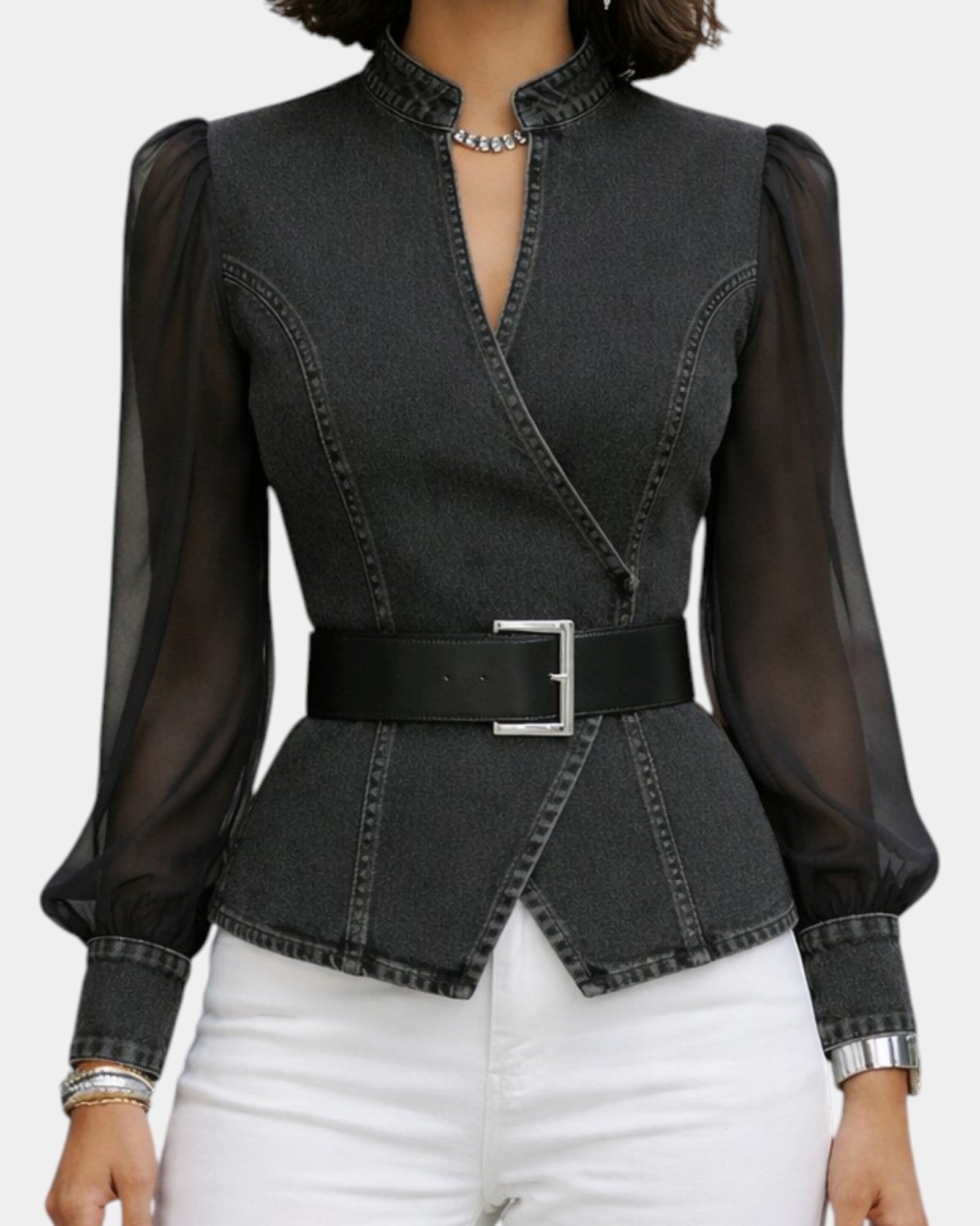 Zoe | Denim Top with Lightweight Chiffon Sleeves
