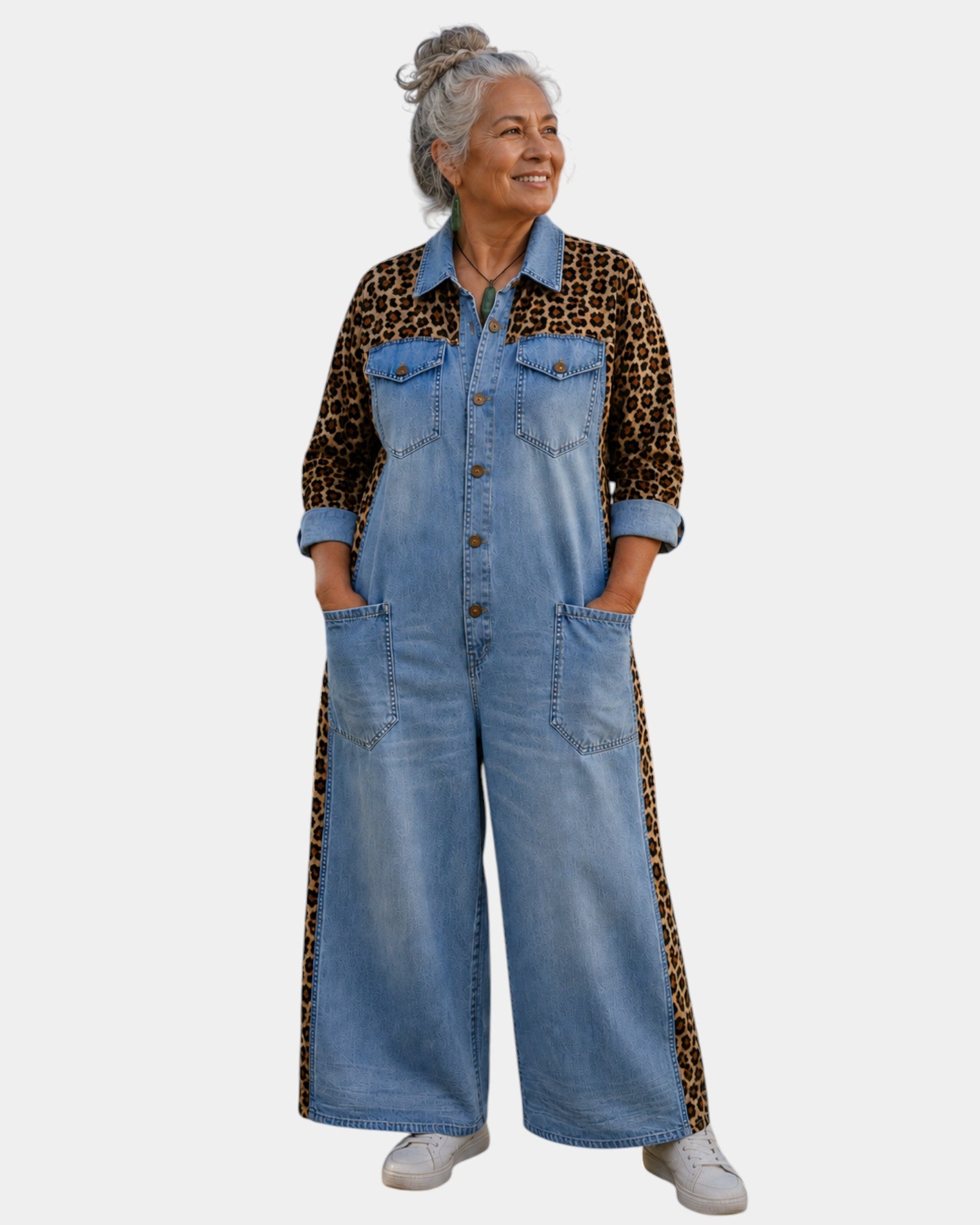 Kiara | Denim Jumpsuit with Leopard Detail