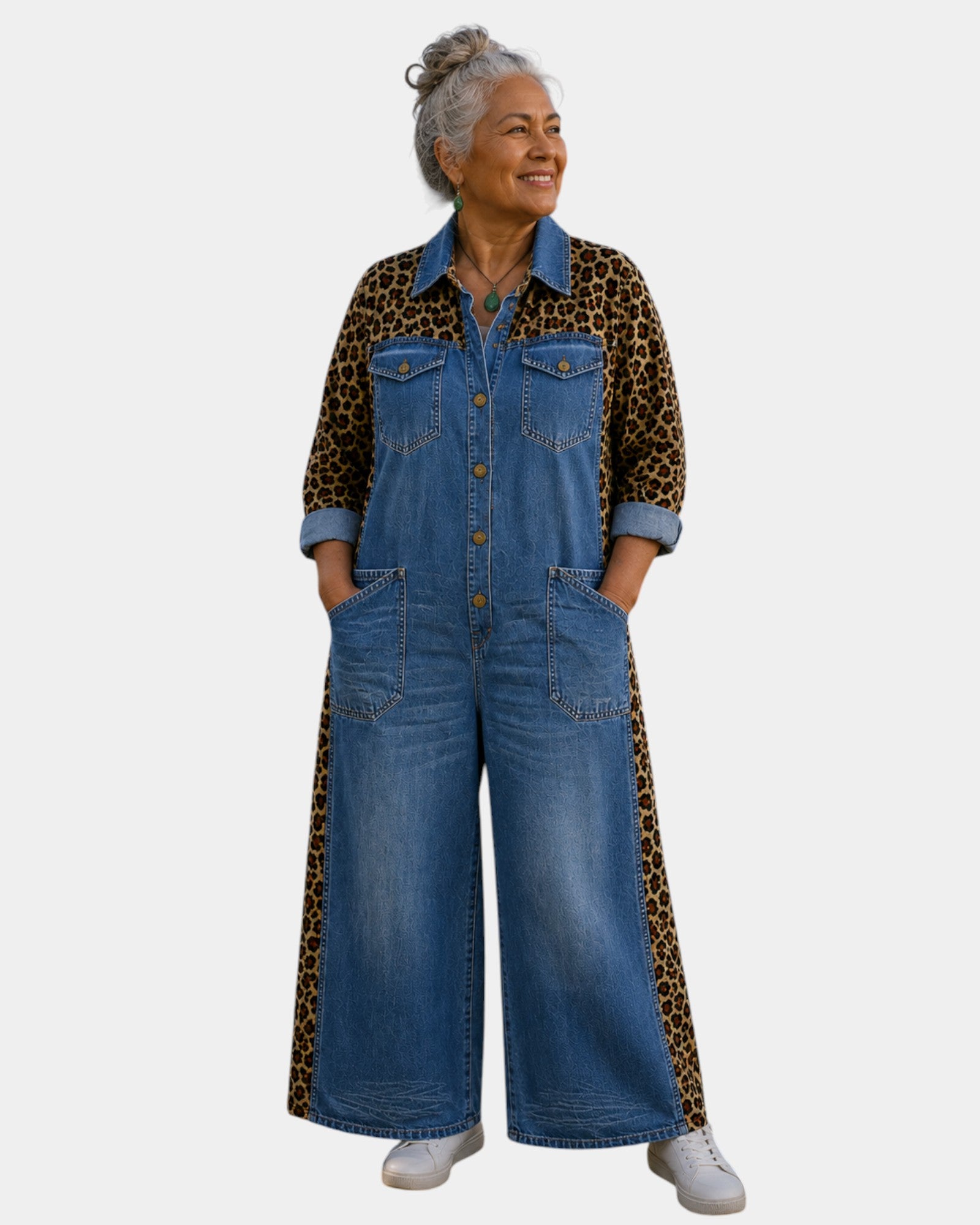 Kiara | Denim Jumpsuit with Leopard Detail