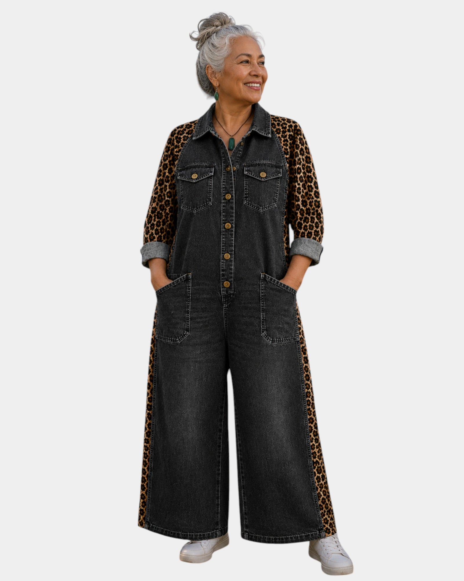 Kiara | Denim Jumpsuit with Leopard Detail