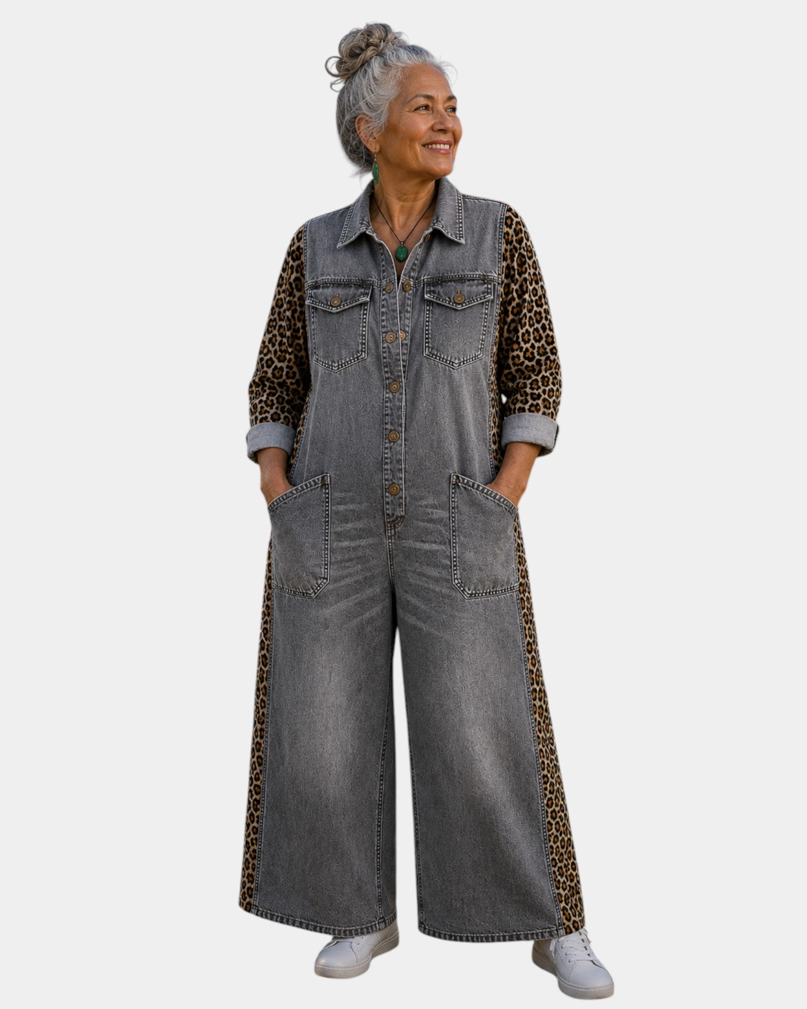 Kiara | Denim Jumpsuit with Leopard Detail