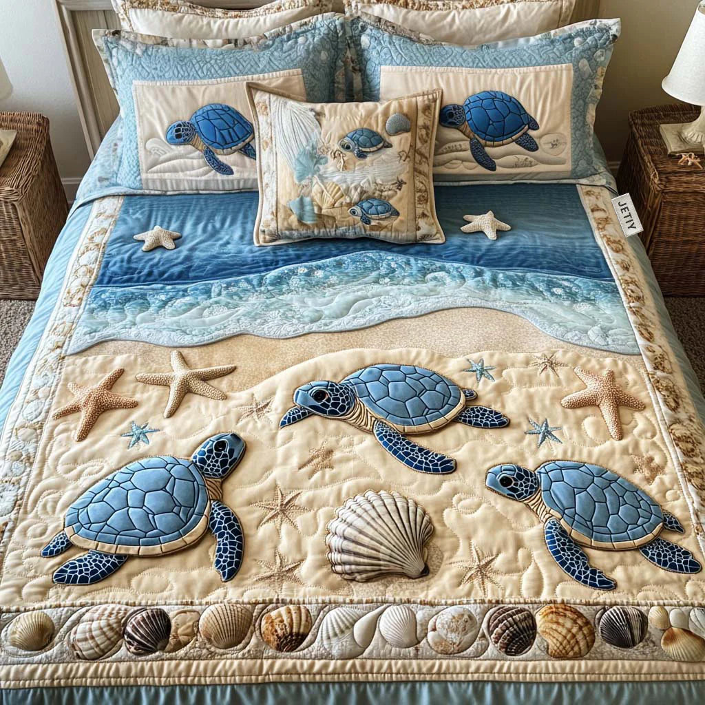 3-Piece Quilted Bedding Set with Ocean Waves Design