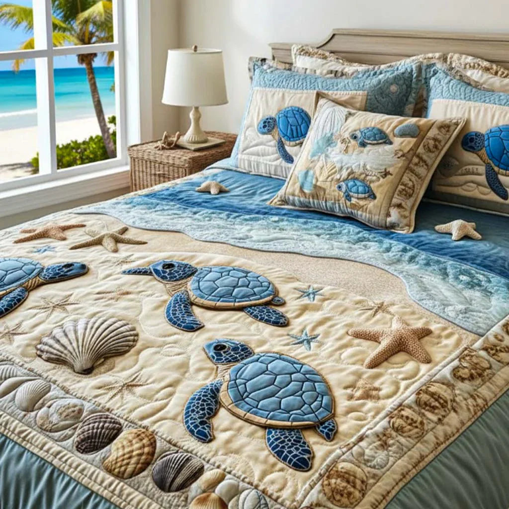 3-Piece Quilted Bedding Set with Ocean Waves Design