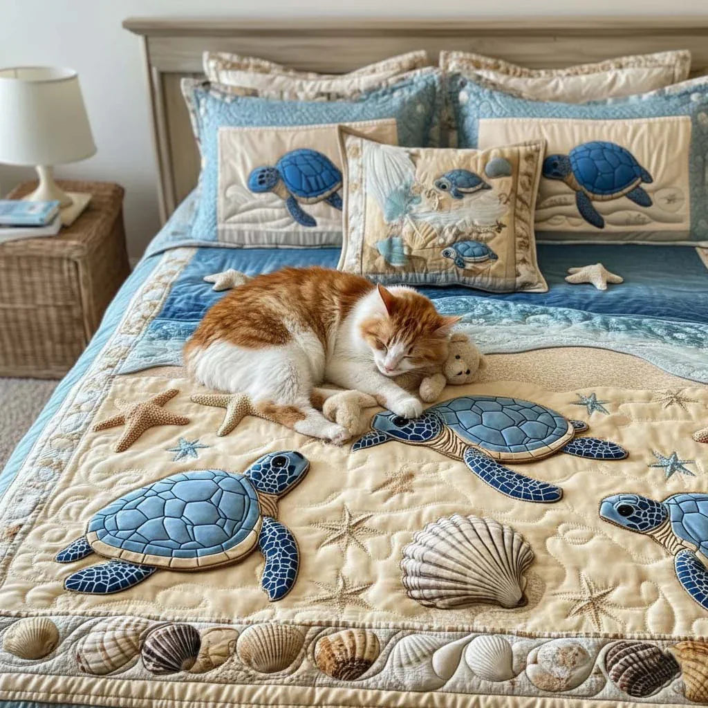 3-Piece Quilted Bedding Set with Ocean Waves Design