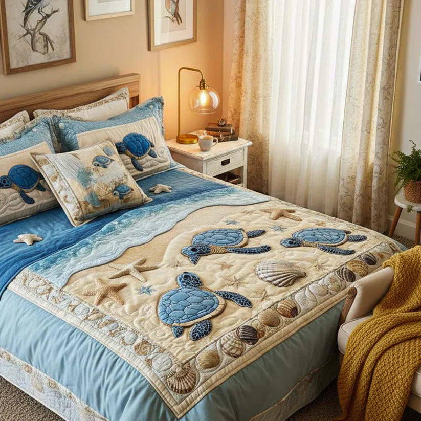 3-Piece Quilted Bedding Set with Ocean Waves Design