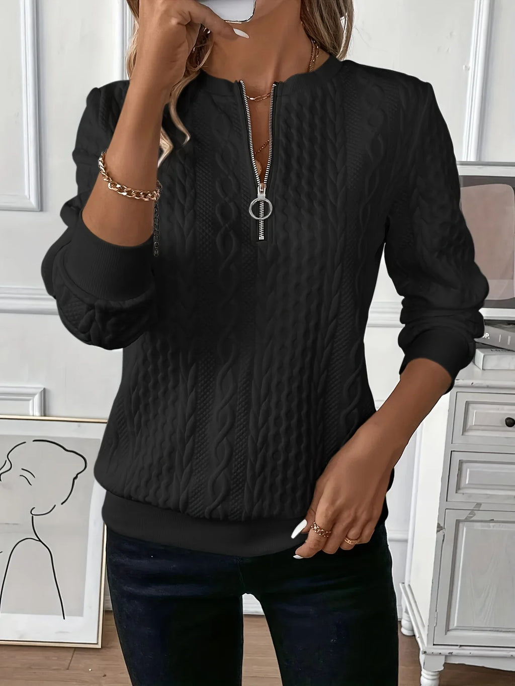 Textured Zipper Sweatshirt – Stylish & Comfy eua
