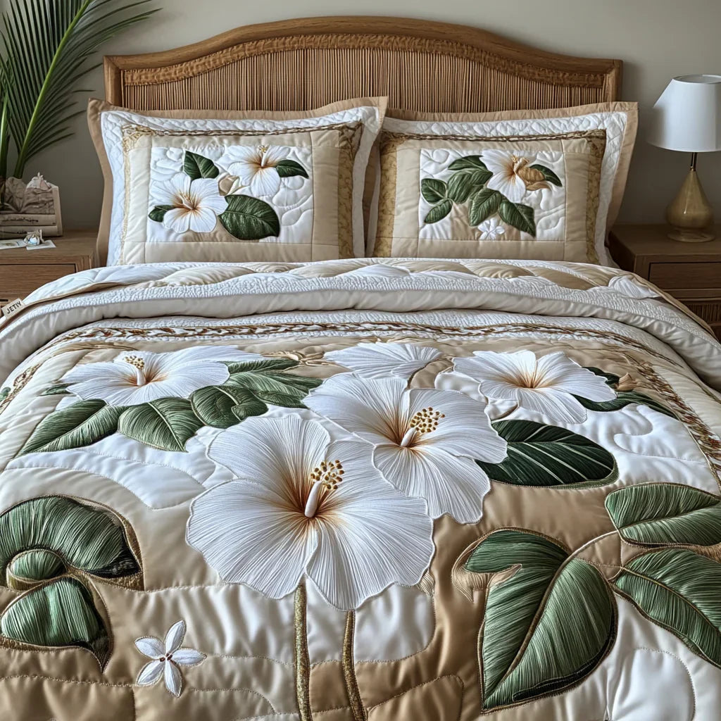 White Hibiscus 3-Piece Quilted Bedspread Set