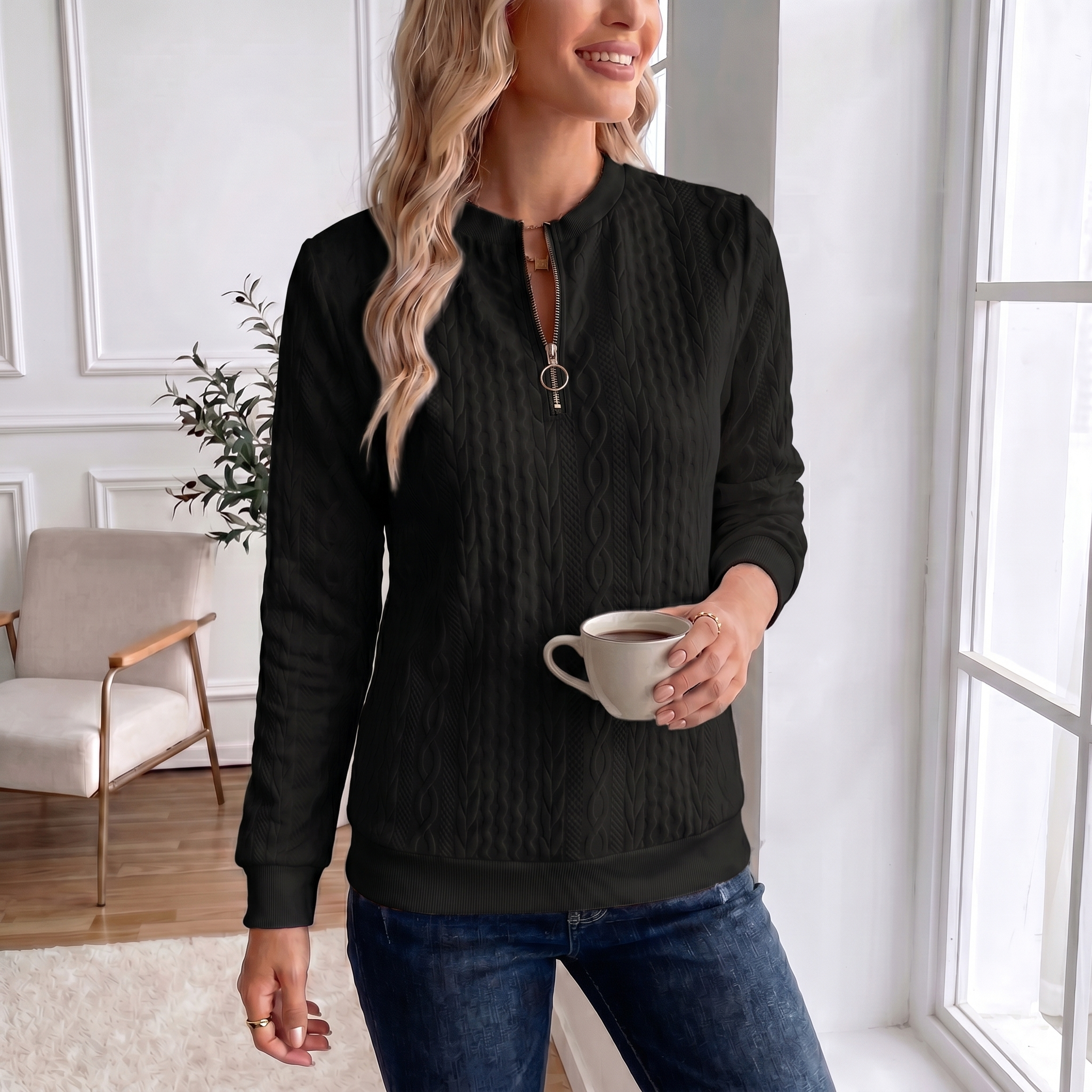 Textured Zipper Sweatshirt – Stylish & Comfy eua