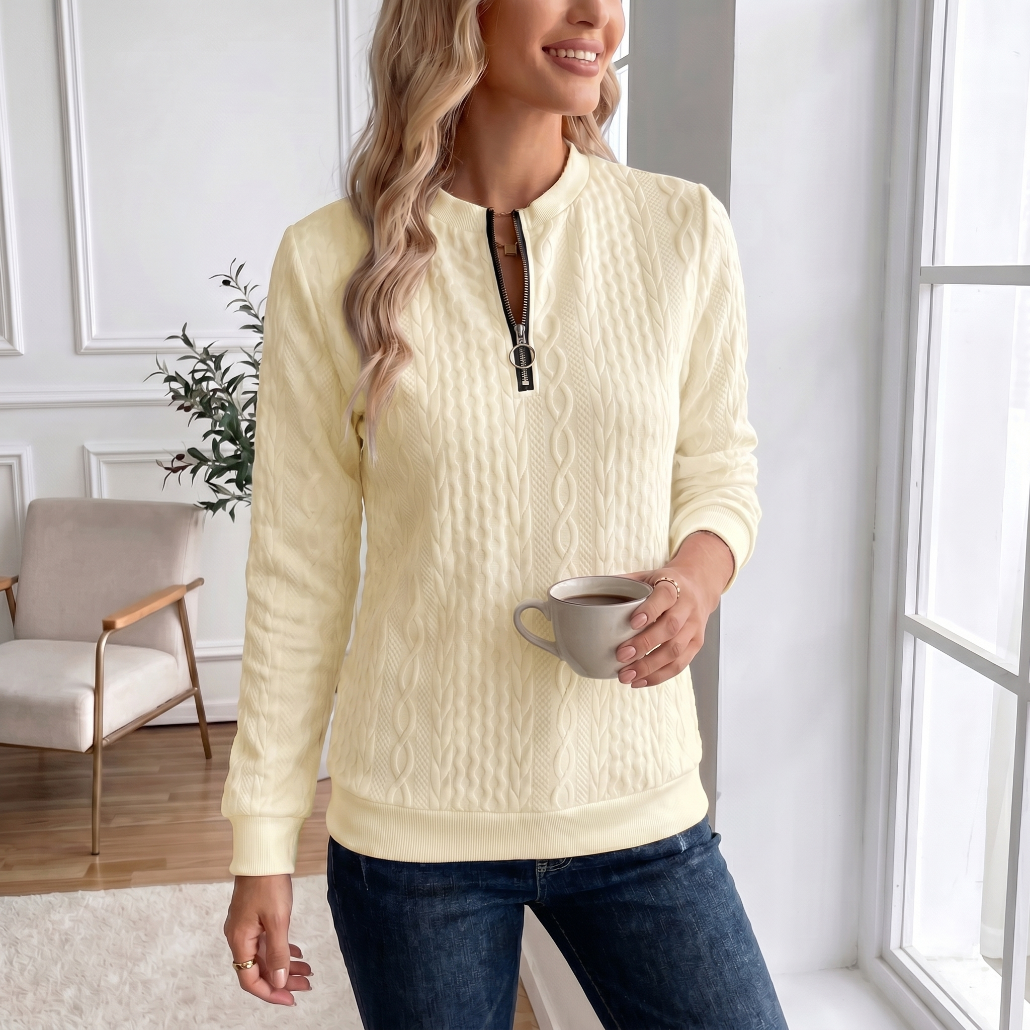 Textured Zipper Sweatshirt – Stylish & Comfy eua