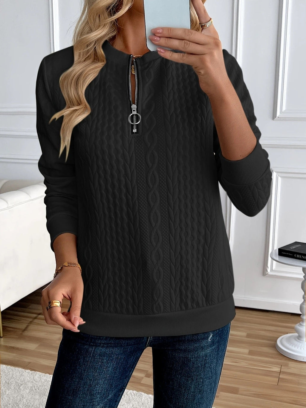Textured Zipper Sweatshirt – Stylish & Comfy eua