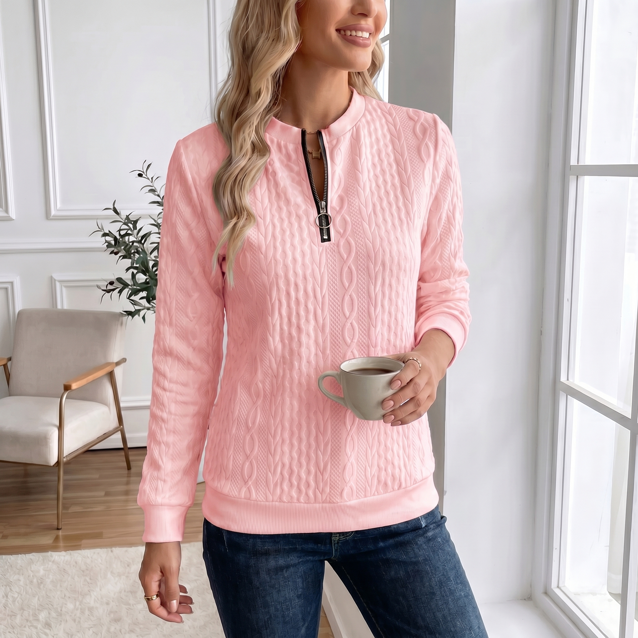 Textured Zipper Sweatshirt – Stylish & Comfy eua