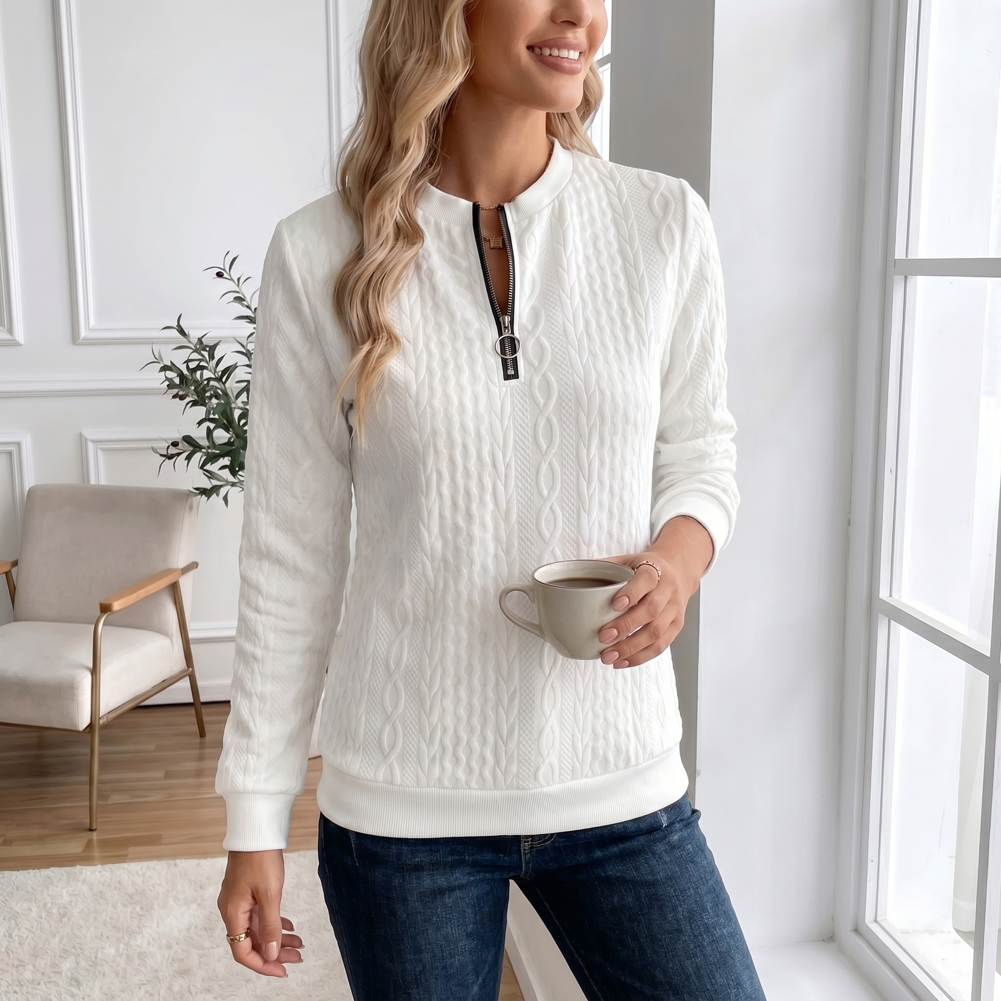 Textured Zipper Sweatshirt – Stylish & Comfy eua